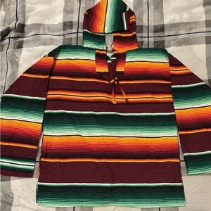 Handmade Mexican hooded striped Pancho, Lace-Up Neck One Size Multi color.